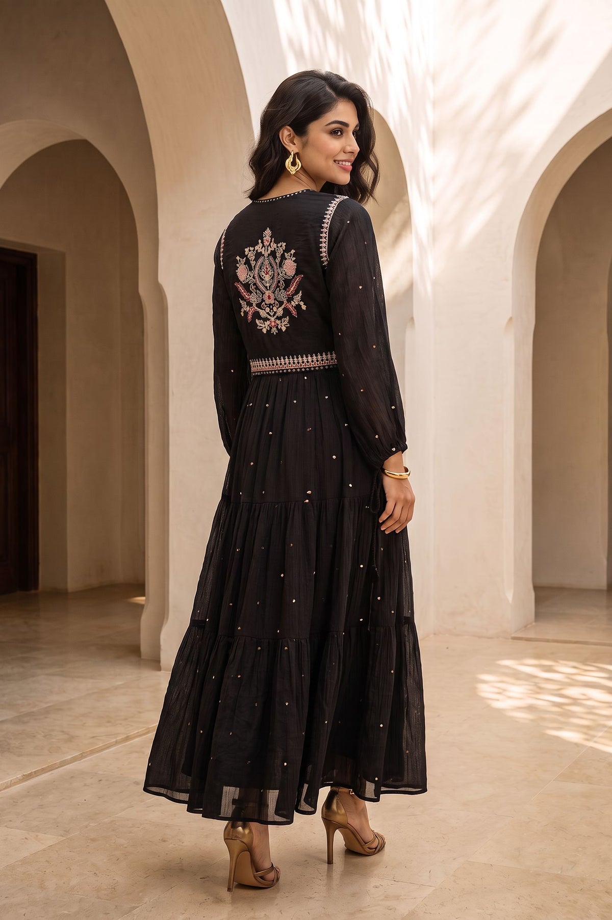 Black Embroidered Flared Dress with Short Jacket