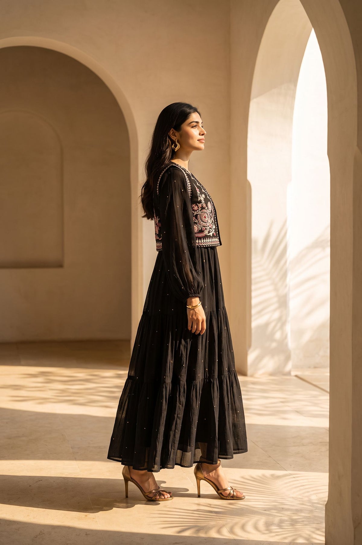 Black Embroidered Flared Dress with Short Jacket
