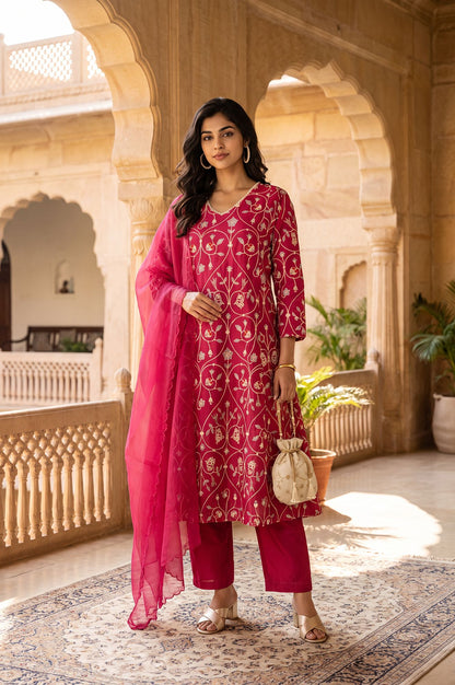 Magenta Embroidered Chanderi Straight Kurta with Straight Pants and Dupatta Set