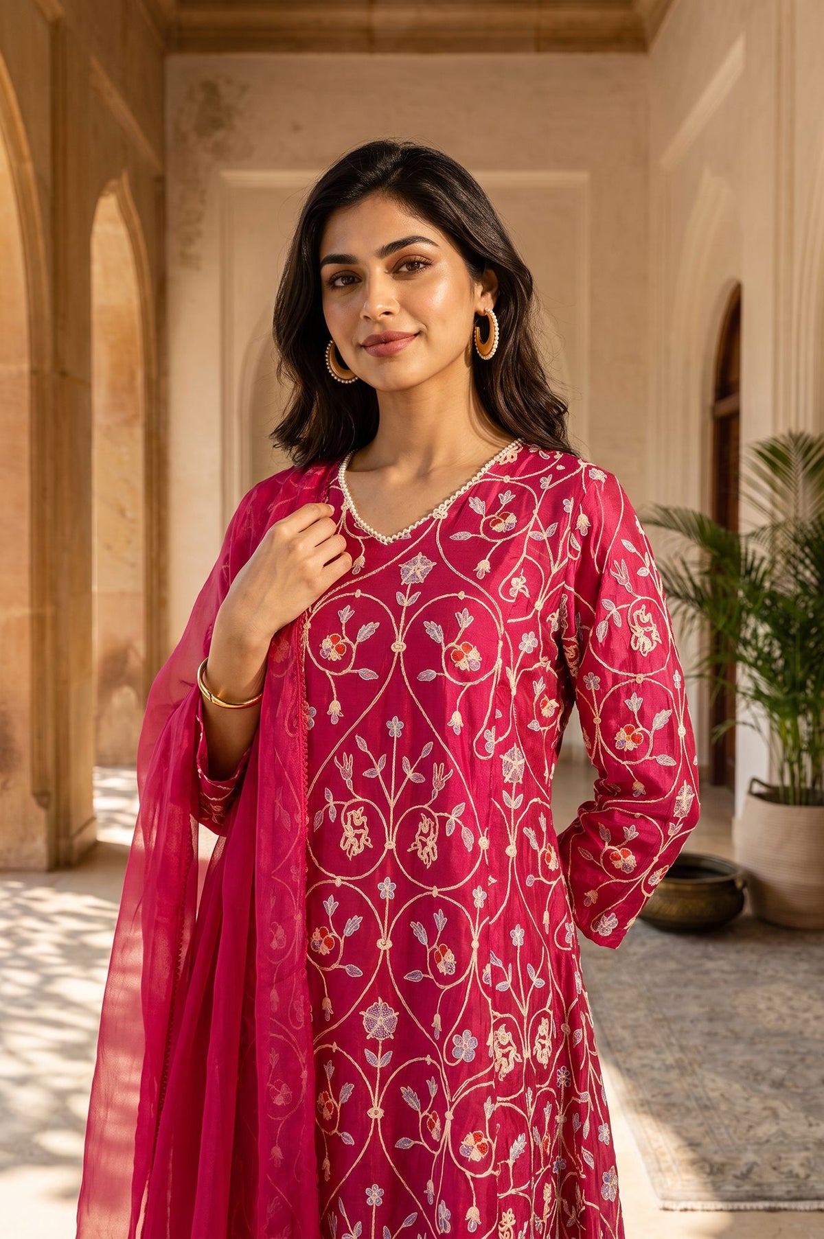 Magenta Embroidered Chanderi Straight Kurta with Straight Pants and Dupatta Set