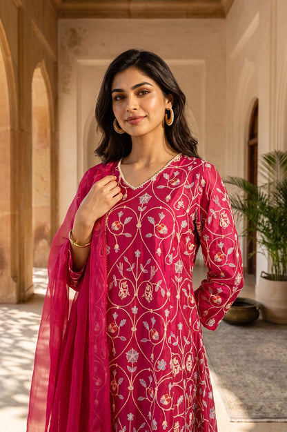 Magenta Embroidered Chanderi Straight Kurta with Straight Pants and Dupatta Set