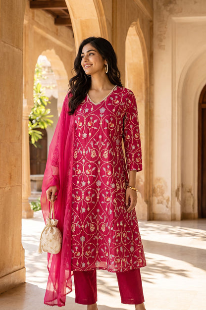 Magenta Embroidered Chanderi Straight Kurta with Straight Pants and Dupatta Set