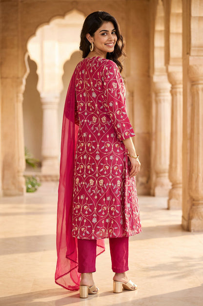 Magenta Embroidered Chanderi Straight Kurta with Straight Pants and Dupatta Set