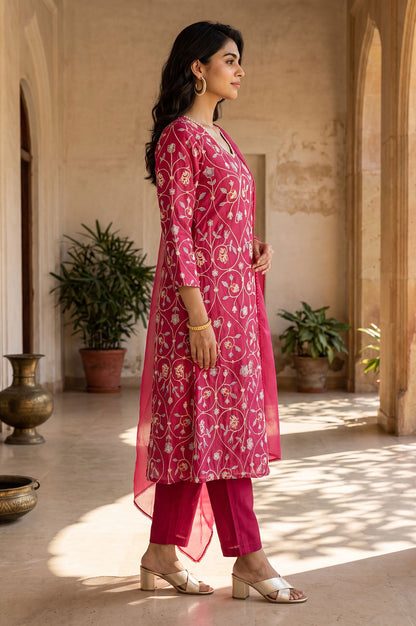 Magenta Embroidered Chanderi Straight Kurta with Straight Pants and Dupatta Set