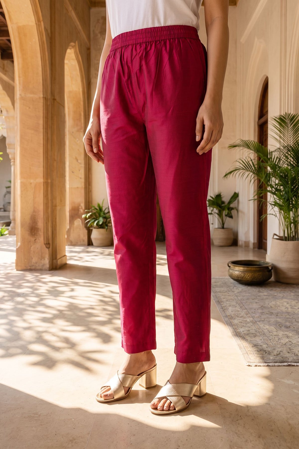 Magenta Embroidered Chanderi Straight Kurta with Straight Pants and Dupatta Set