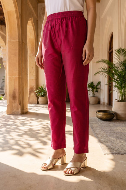 Magenta Embroidered Chanderi Straight Kurta with Straight Pants and Dupatta Set