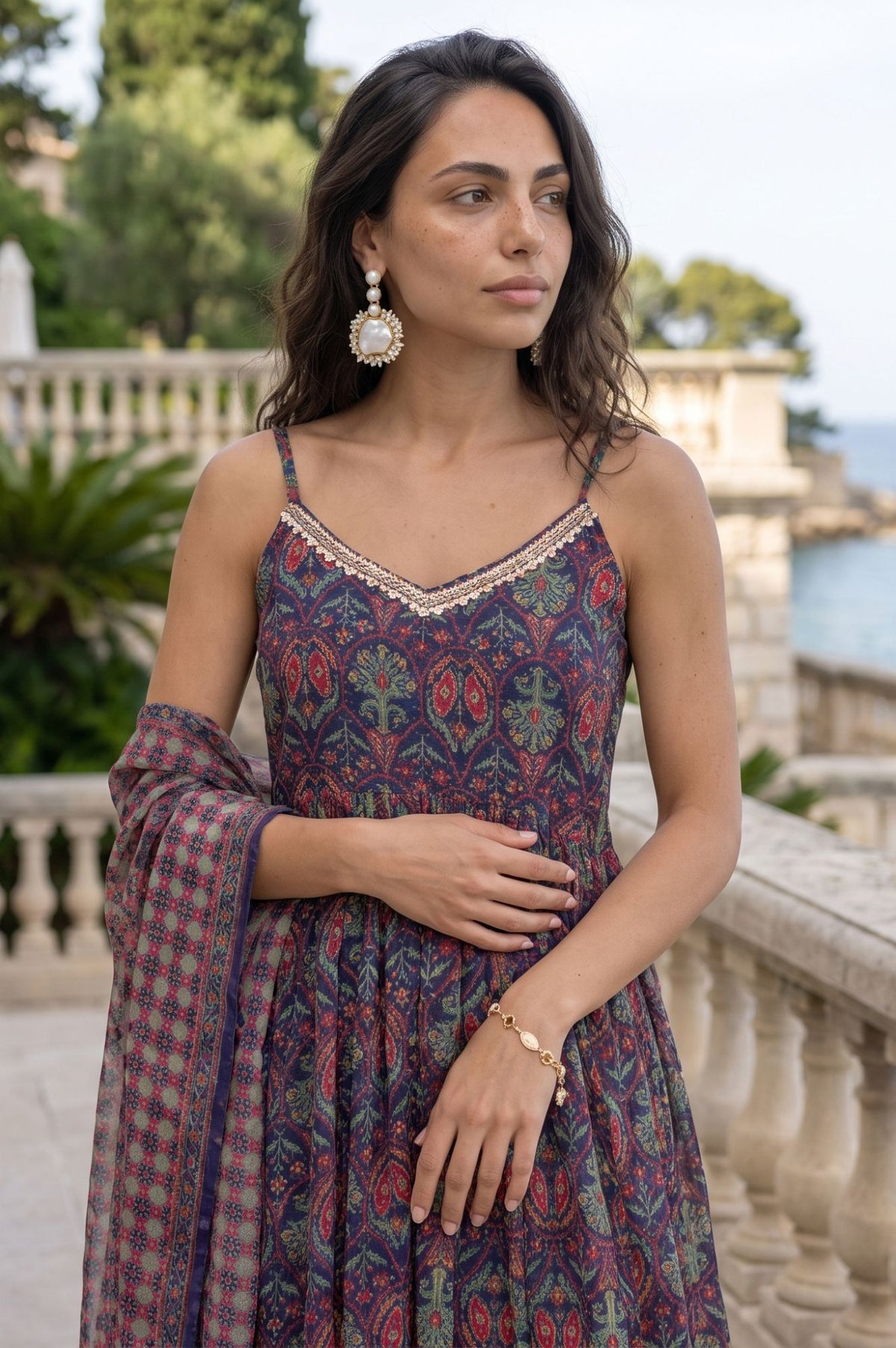 Navy Blue Ikat Printed Lace Chiffon Sleeveless Flared Kurta with Flared Pant and Dupatta Set