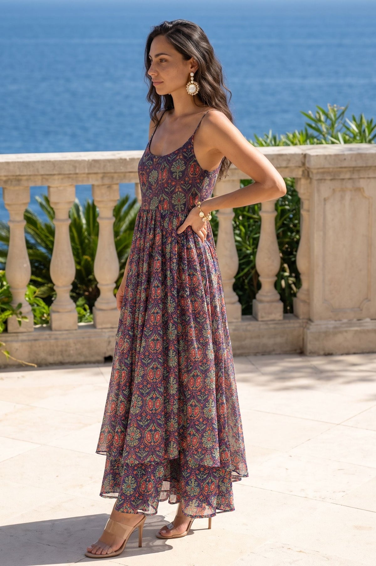 Navy Blue Ikat Printed Lace Chiffon Sleeveless Flared Kurta with Flared Pant and Dupatta Set
