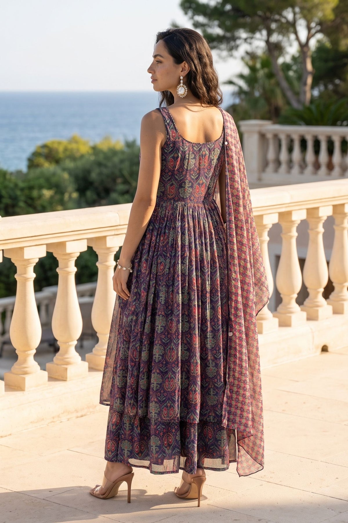 Navy Blue Ikat Printed Lace Chiffon Sleeveless Flared Kurta with Flared Pant and Dupatta Set