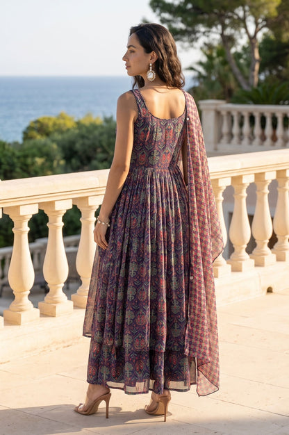 Navy Blue Ikat Printed Lace Chiffon Sleeveless Flared Kurta with Flared Pant and Dupatta Set