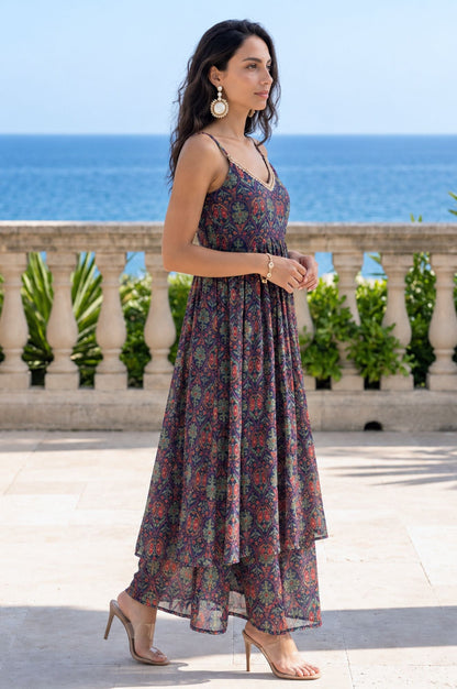 Navy Blue Ikat Printed Lace Chiffon Sleeveless Flared Kurta with Flared Pant and Dupatta Set