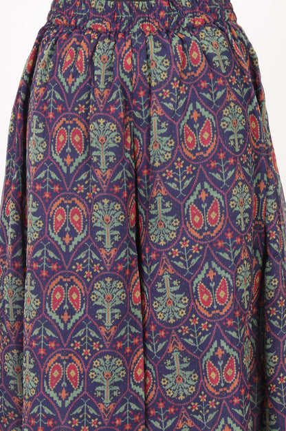 Navy Blue Ikat Printed Lace Chiffon Sleeveless Flared Kurta with Flared Pant and Dupatta Set