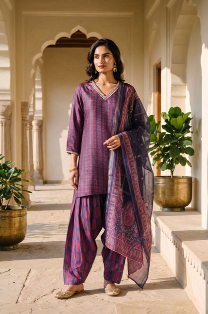 Navy Blue Striped Lace Crepe Straight Kurta with Farshi Salwar and Dupatta Set