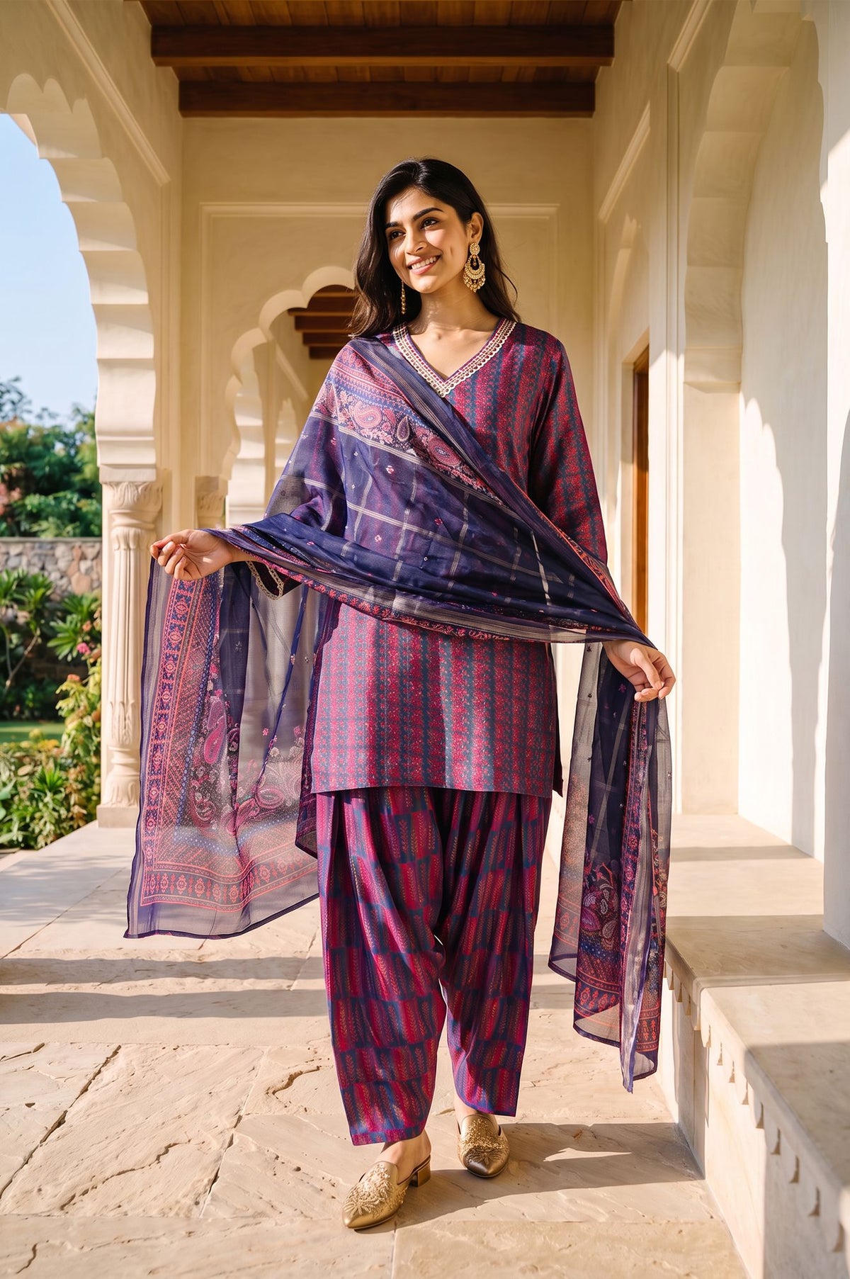 Navy Blue Striped Lace Crepe Straight Kurta with Farshi Salwar and Dupatta Set