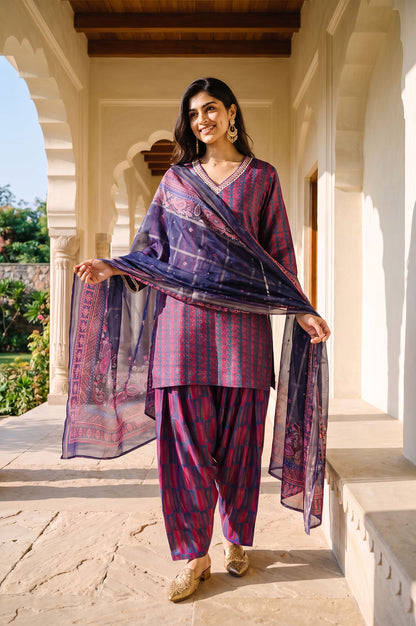 Navy Blue Striped Lace Crepe Straight Kurta with Farshi Salwar and Dupatta Set