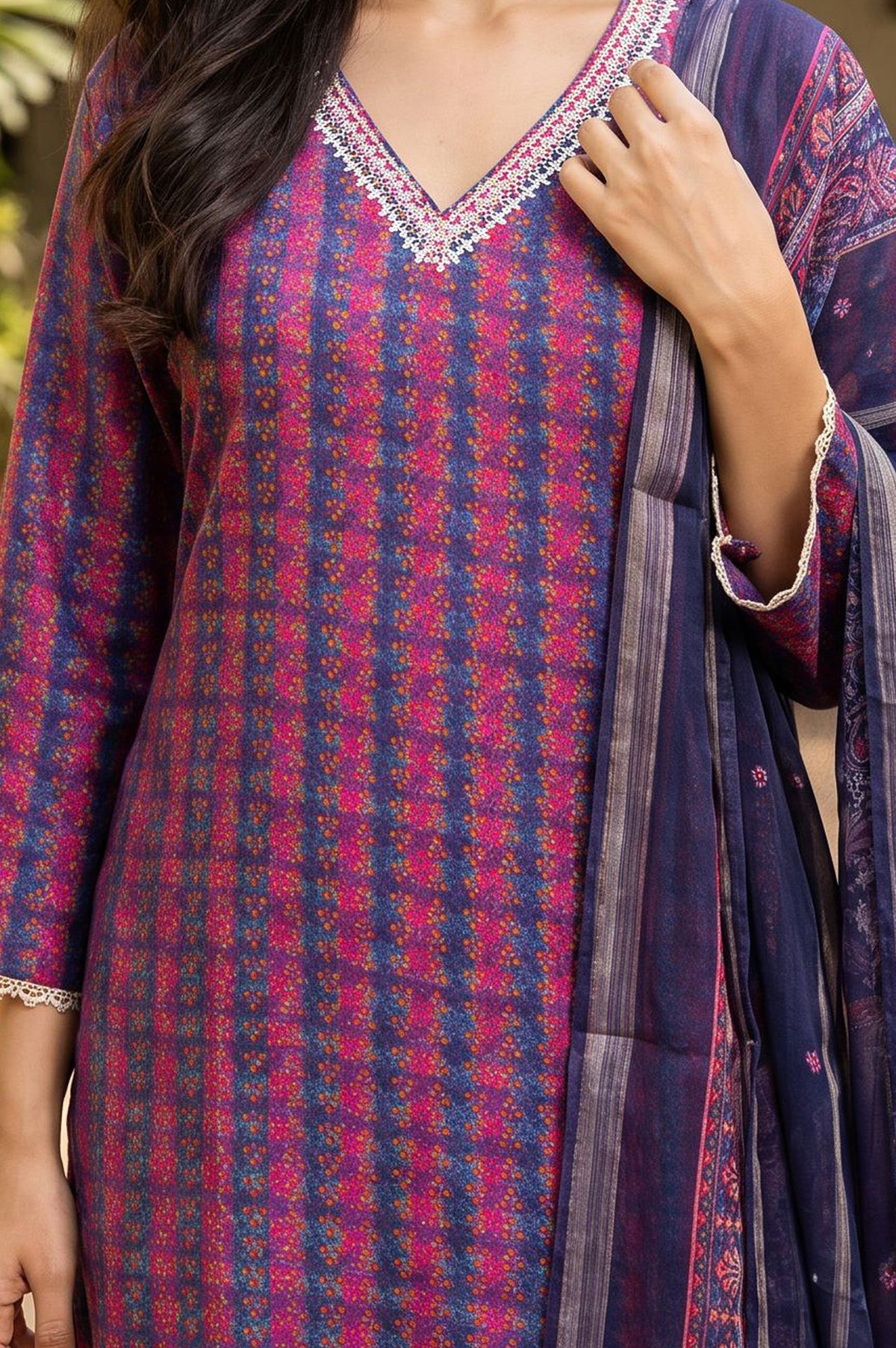 Navy Blue Striped Lace Crepe Straight Kurta with Farshi Salwar and Dupatta Set
