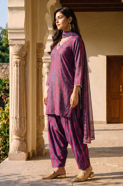 Navy Blue Striped Lace Crepe Straight Kurta with Farshi Salwar and Dupatta Set