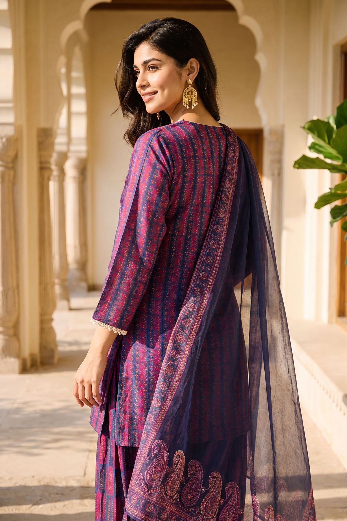 Navy Blue Striped Lace Crepe Straight Kurta with Farshi Salwar and Dupatta Set
