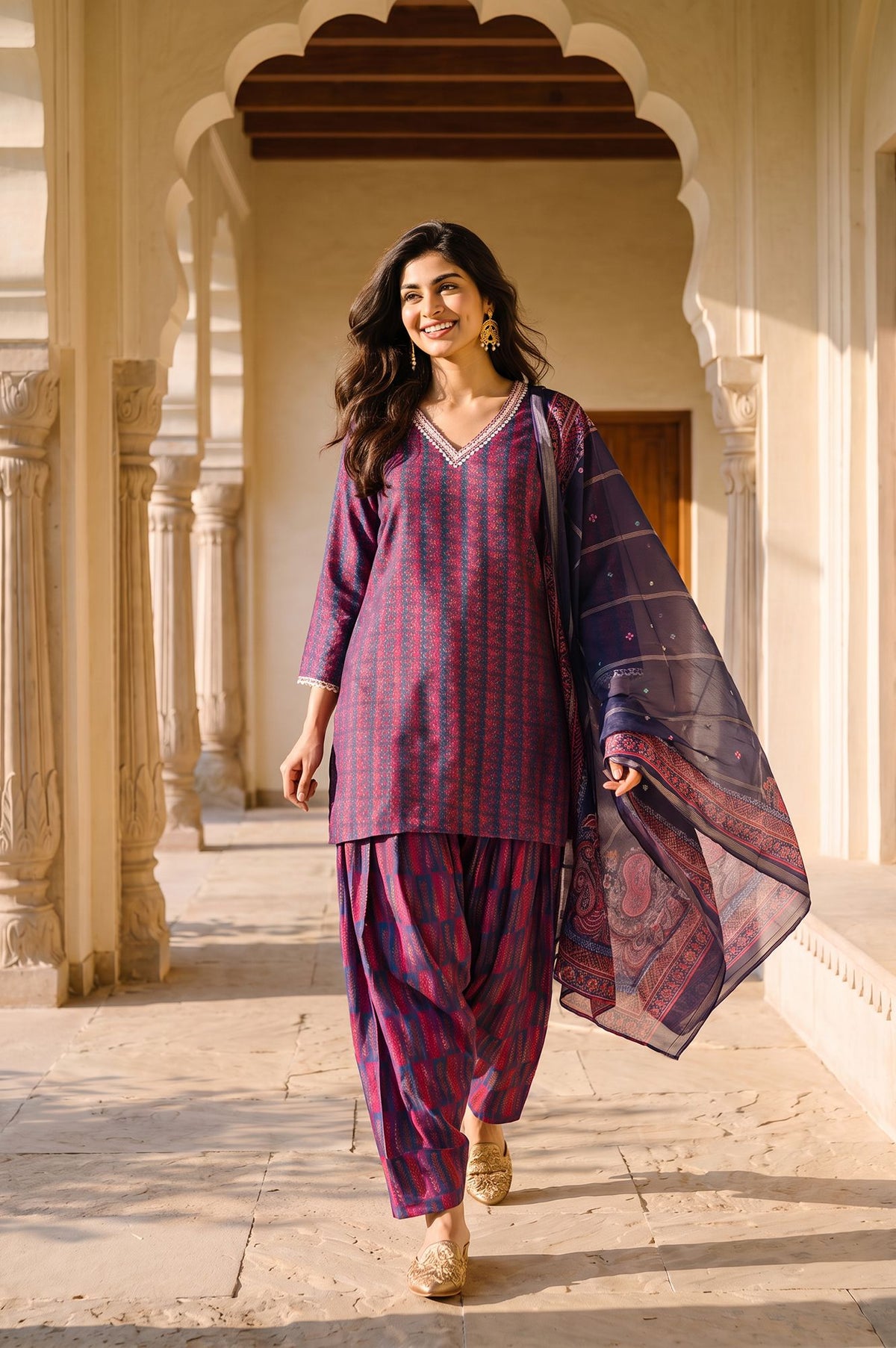 Navy Blue Striped Lace Crepe Straight Kurta with Farshi Salwar and Dupatta Set