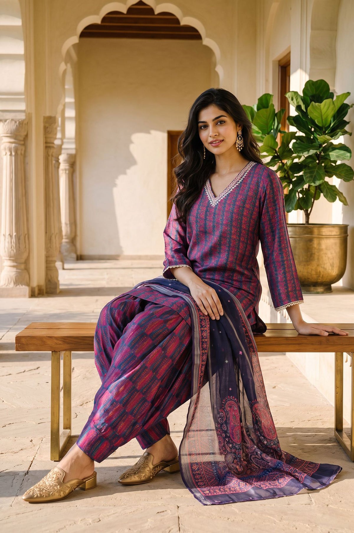 Navy Blue Striped Lace Crepe Straight Kurta with Farshi Salwar and Dupatta Set