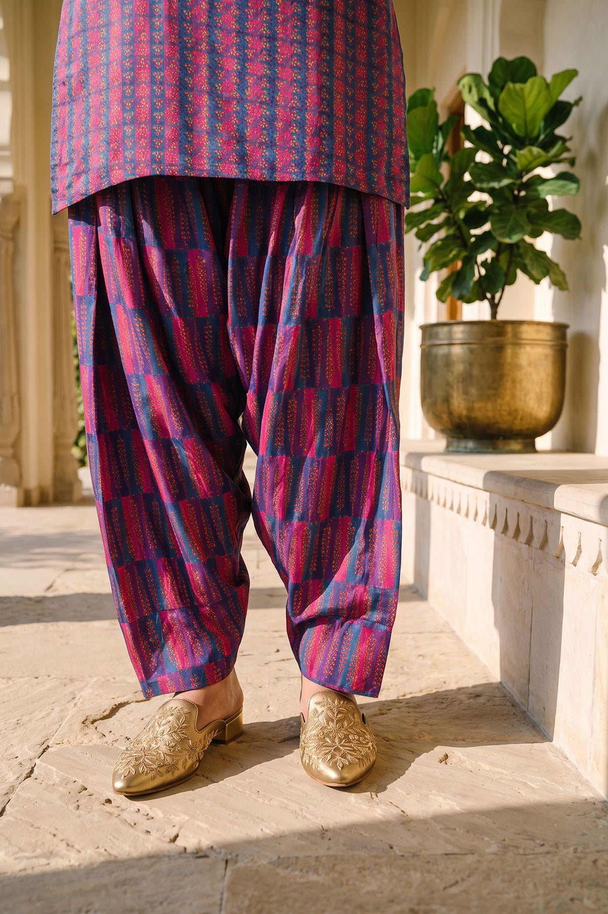 Navy Blue Striped Lace Crepe Straight Kurta with Farshi Salwar and Dupatta Set