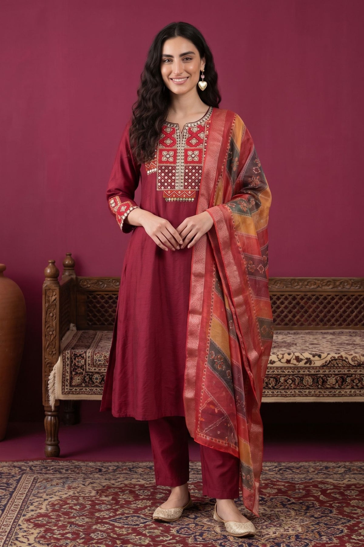 Maroon Mirror Work Straight Kurta with Straight Pants and Dupatta Set