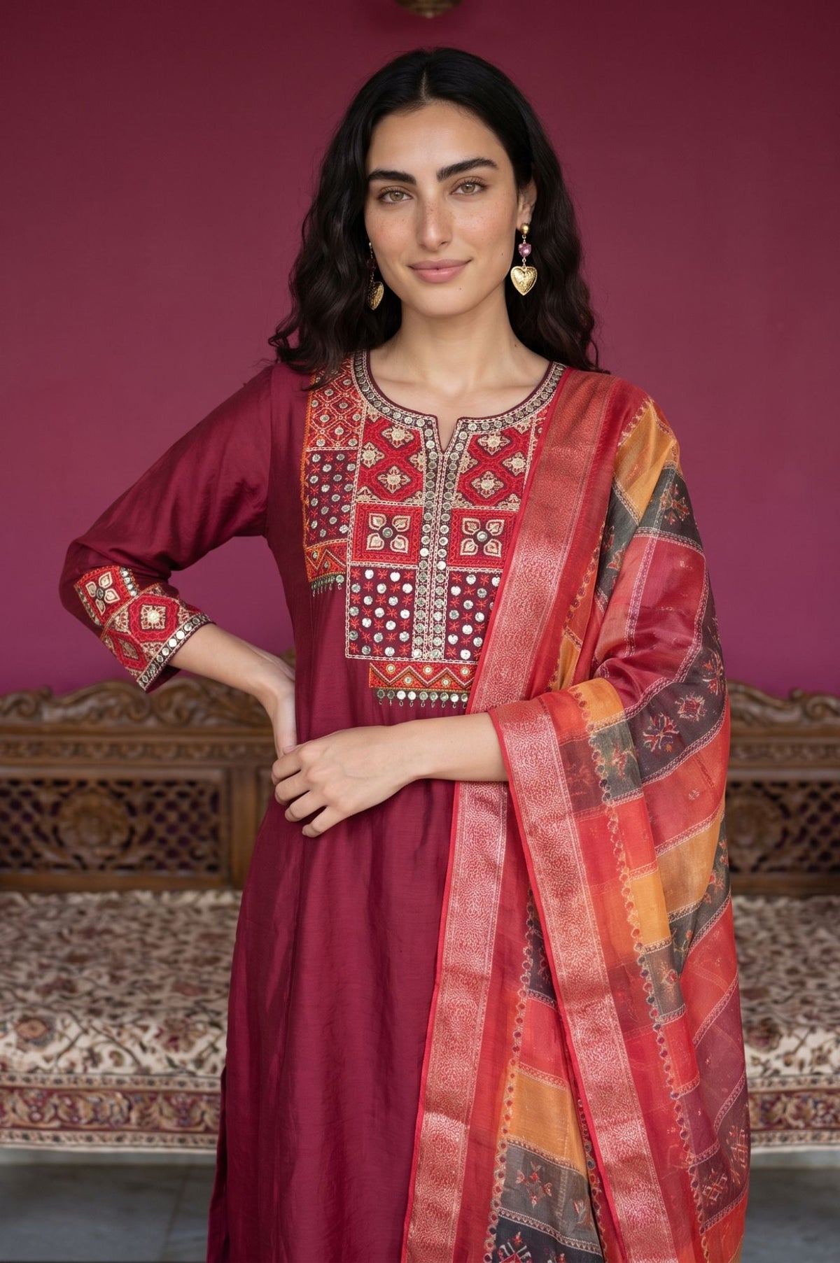 Maroon Mirror Work Straight Kurta with Straight Pants and Dupatta Set
