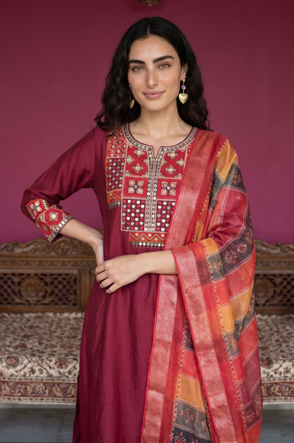 Maroon Mirror Work Straight Kurta with Straight Pants and Dupatta Set