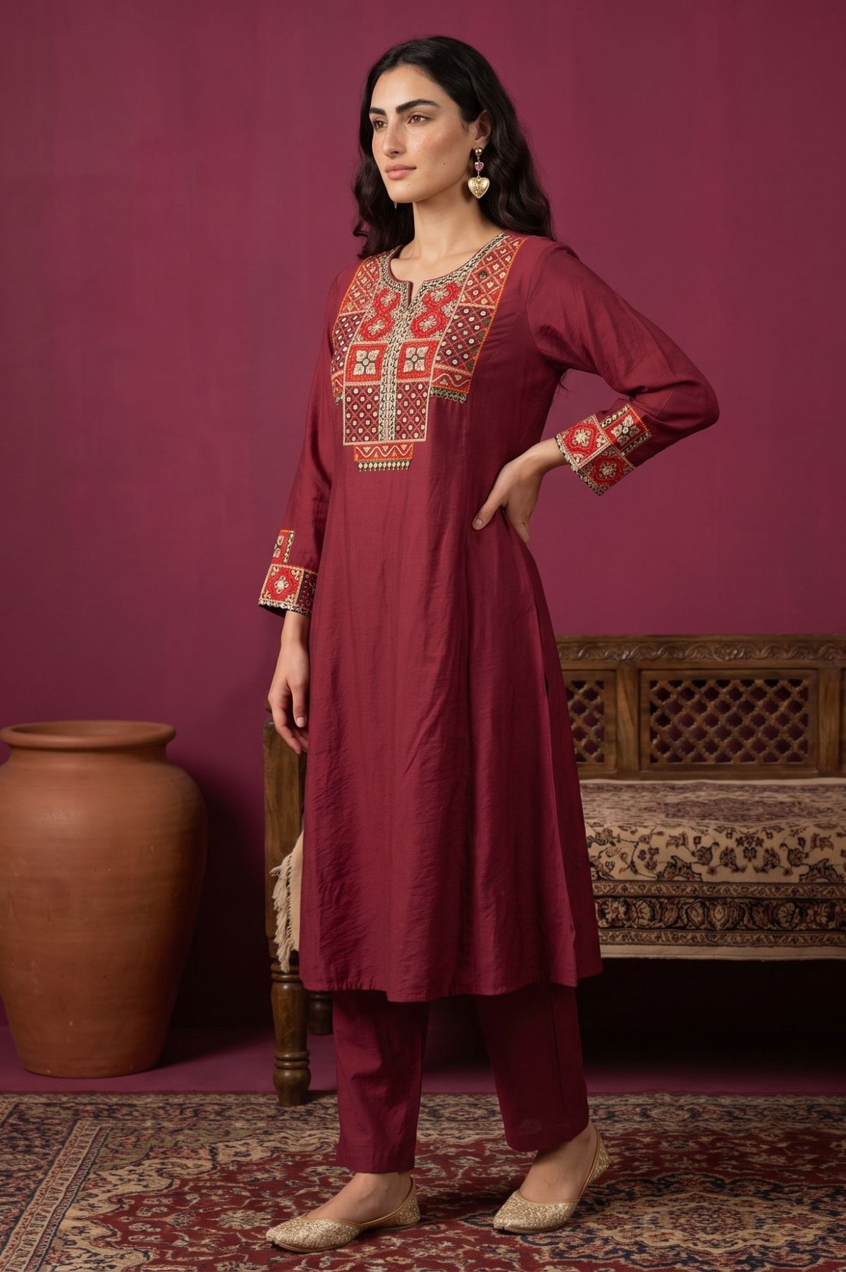 Maroon Mirror Work Straight Kurta with Straight Pants and Dupatta Set
