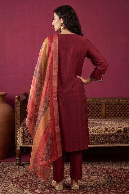 Maroon Mirror Work Straight Kurta with Straight Pants and Dupatta Set