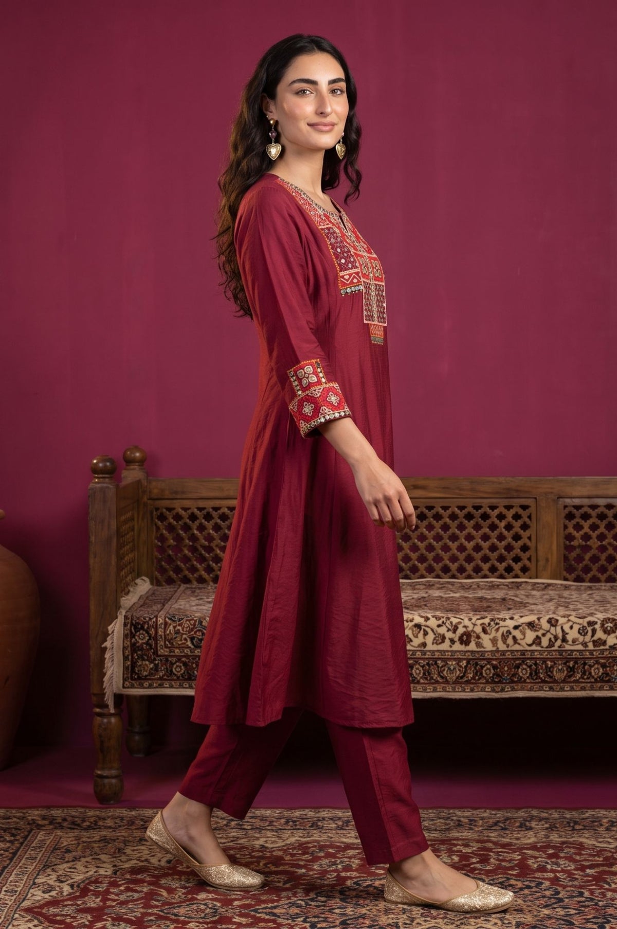 Maroon Mirror Work Straight Kurta with Straight Pants and Dupatta Set