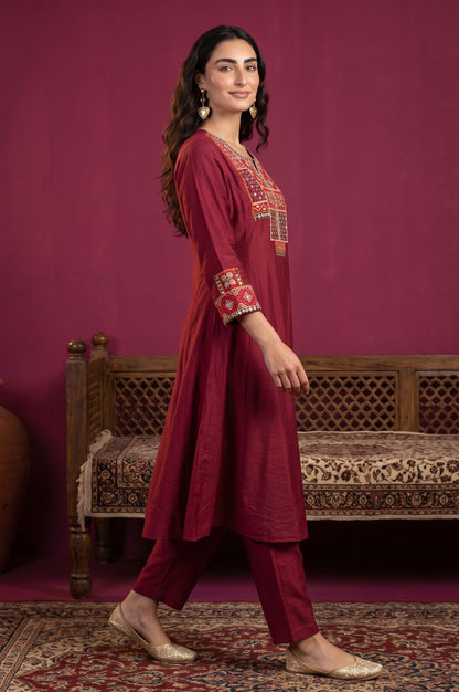 Maroon Mirror Work Straight Kurta with Straight Pants and Dupatta Set