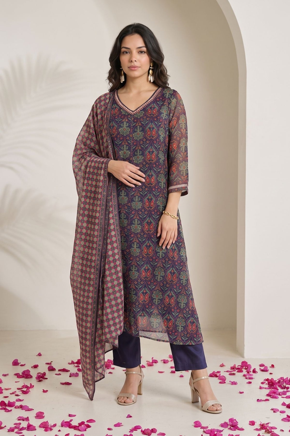 Navy Blue Floral Printed Thread Embroidered Chiffon Straight Kurta with Straight Pants and Dupatta Set