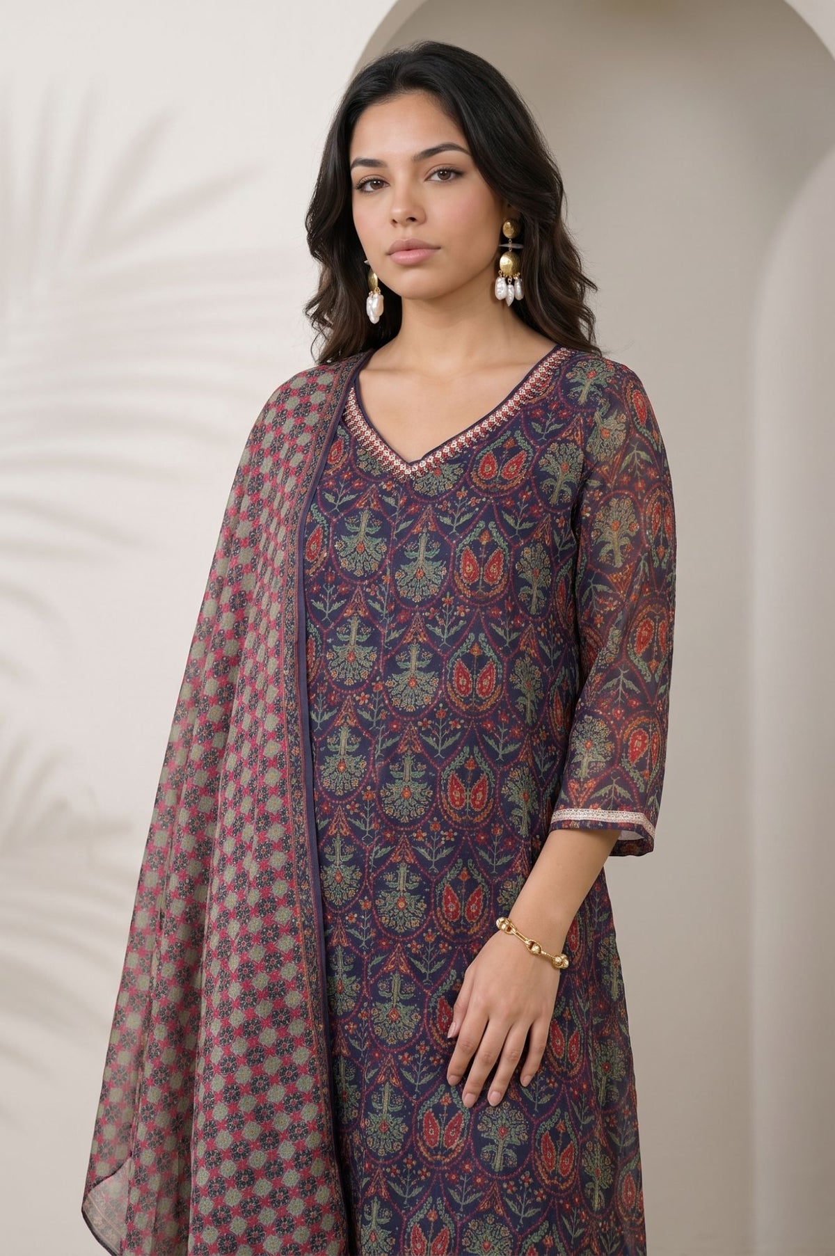 Navy Blue Floral Printed Thread Embroidered Chiffon Straight Kurta with Straight Pants and Dupatta Set