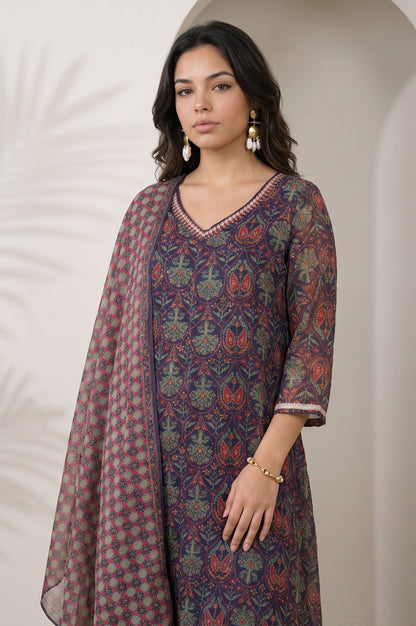 Navy Blue Floral Printed Thread Embroidered Chiffon Straight Kurta with Straight Pants and Dupatta Set