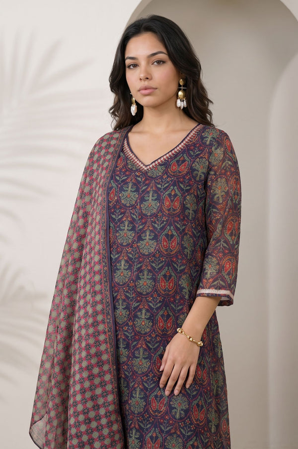 Navy Blue Floral Printed Thread Embroidered Chiffon Straight Kurta with Straight Pants and Dupatta Set