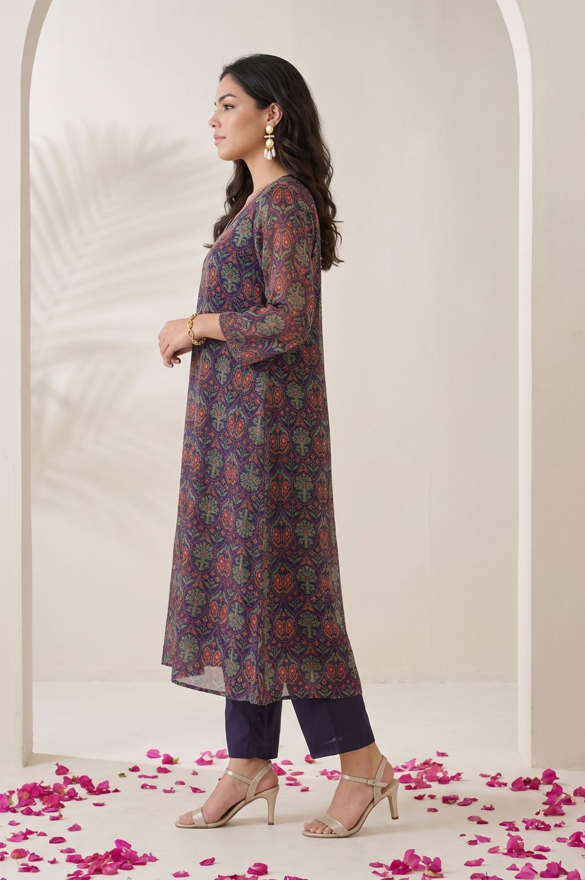 Navy Blue Floral Printed Thread Embroidered Chiffon Straight Kurta with Straight Pants and Dupatta Set