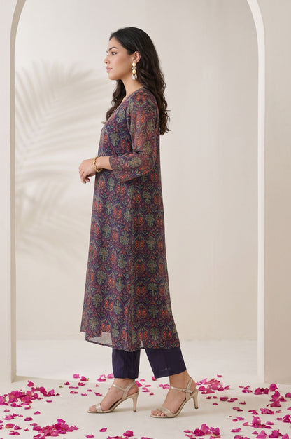 Navy Blue Floral Printed Thread Embroidered Chiffon Straight Kurta with Straight Pants and Dupatta Set
