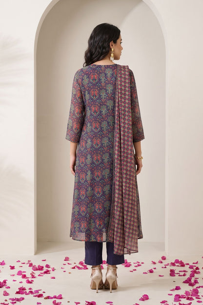 Navy Blue Floral Printed Thread Embroidered Chiffon Straight Kurta with Straight Pants and Dupatta Set