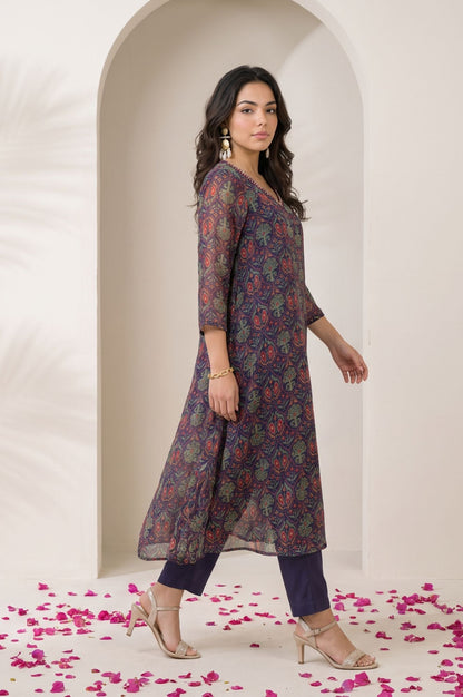 Navy Blue Floral Printed Thread Embroidered Chiffon Straight Kurta with Straight Pants and Dupatta Set