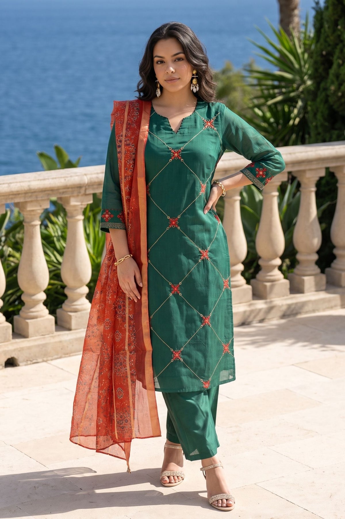 Green Thread Embroidered Chanderi Straight Kurta with Straight Pants and Dupatta Set