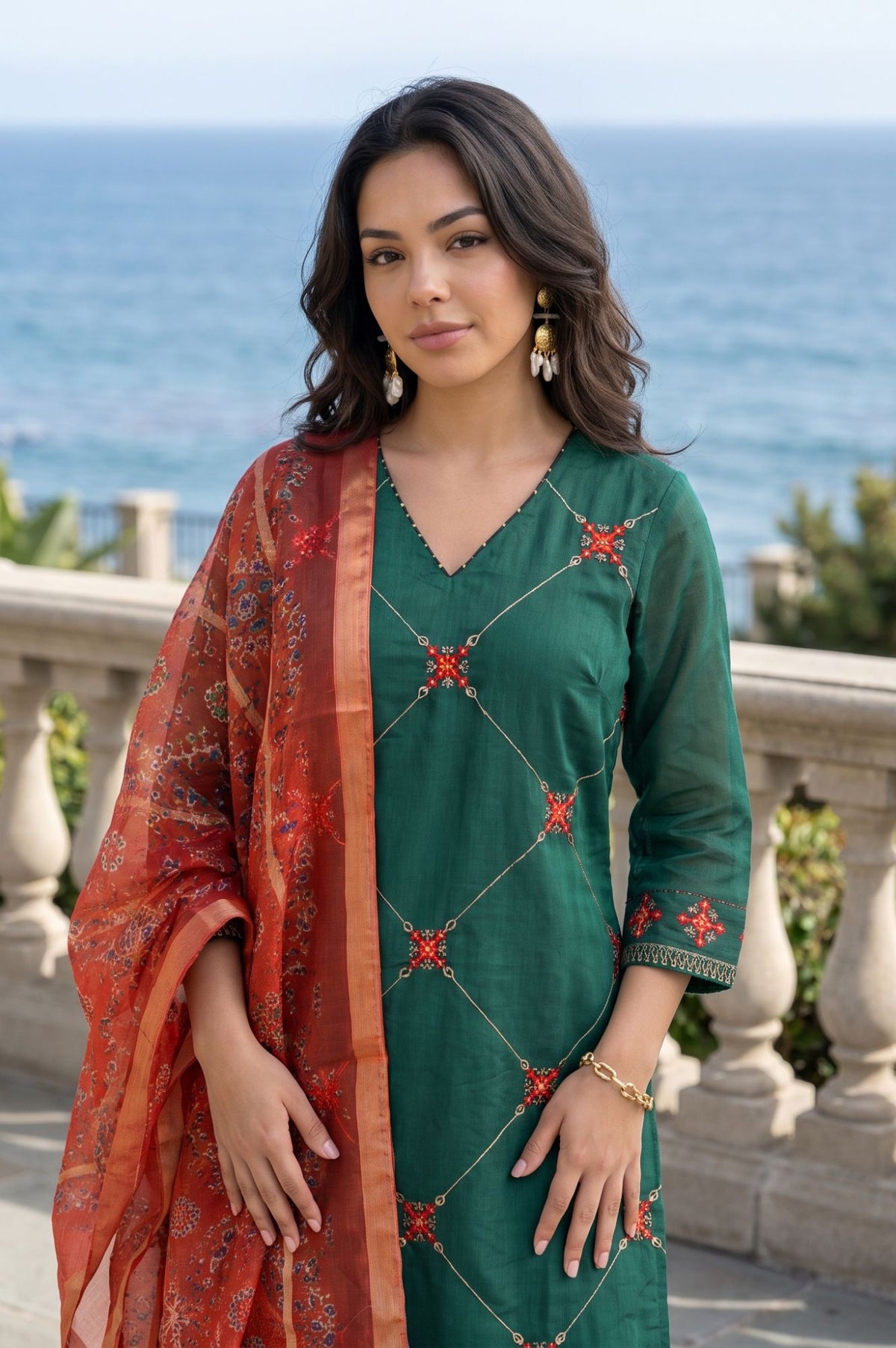 Green Thread Embroidered Chanderi Straight Kurta with Straight Pants and Dupatta Set