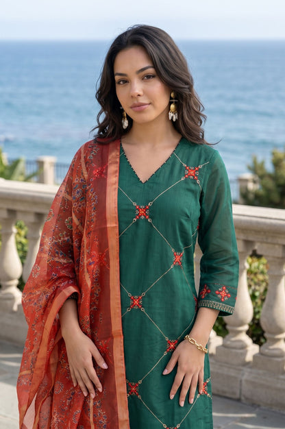 Green Thread Embroidered Chanderi Straight Kurta with Straight Pants and Dupatta Set