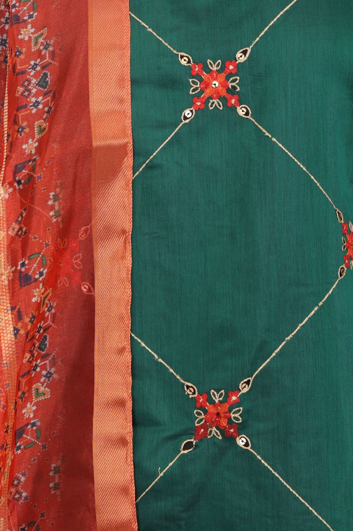 Green Thread Embroidered Chanderi Straight Kurta with Straight Pants and Dupatta Set