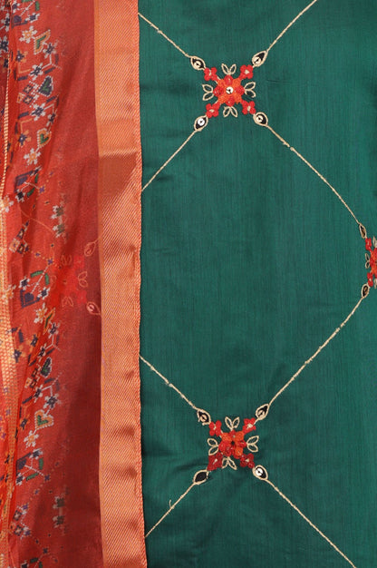 Green Thread Embroidered Chanderi Straight Kurta with Straight Pants and Dupatta Set
