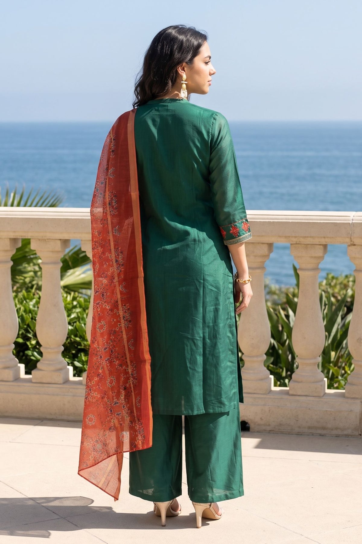 Green Thread Embroidered Chanderi Straight Kurta with Straight Pants and Dupatta Set