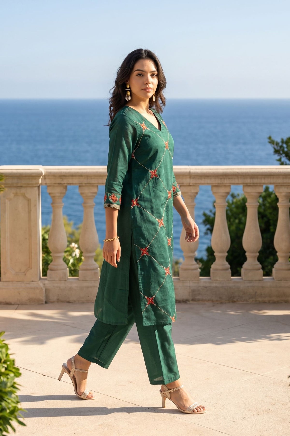 Green Thread Embroidered Chanderi Straight Kurta with Straight Pants and Dupatta Set
