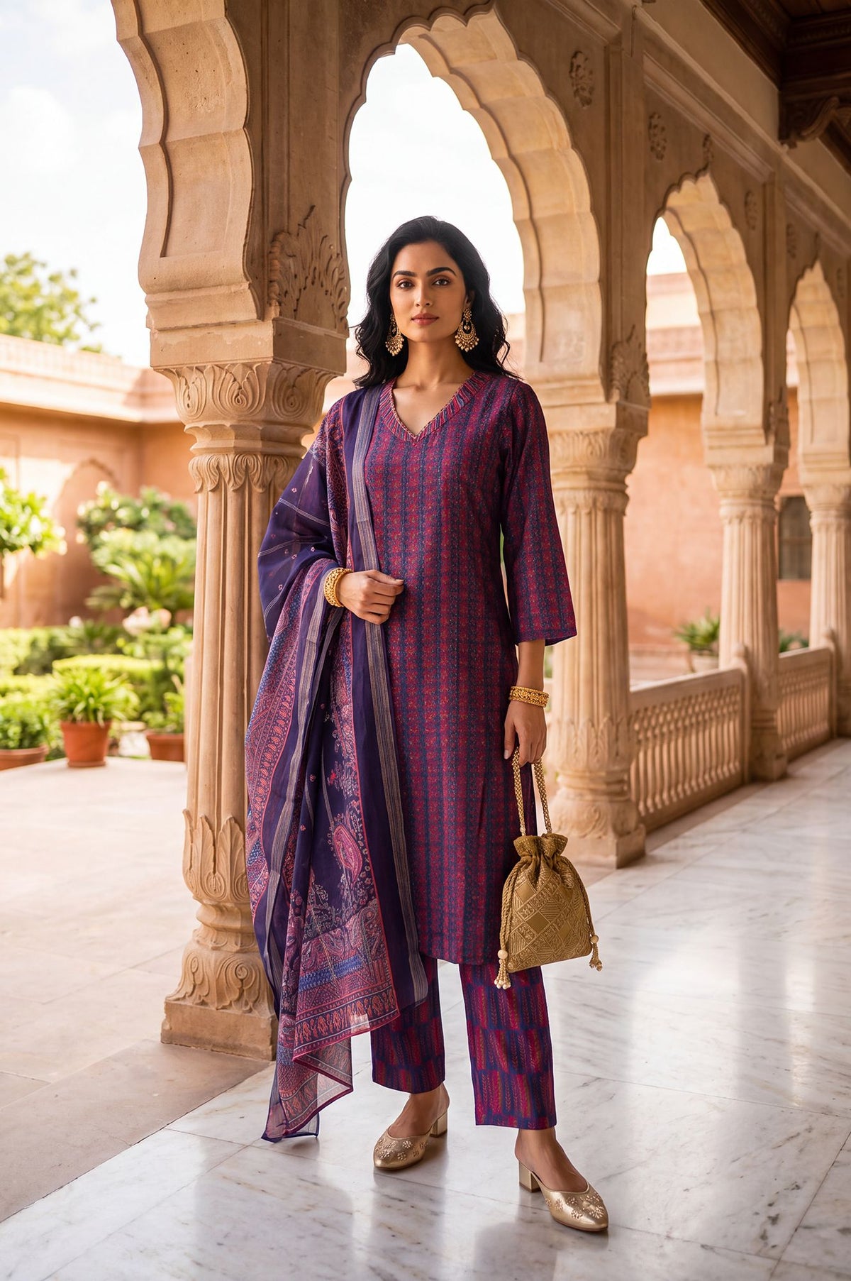 Navy Blue Striped Crepe Straight Kurta with Straight Pants and Dupatta Set