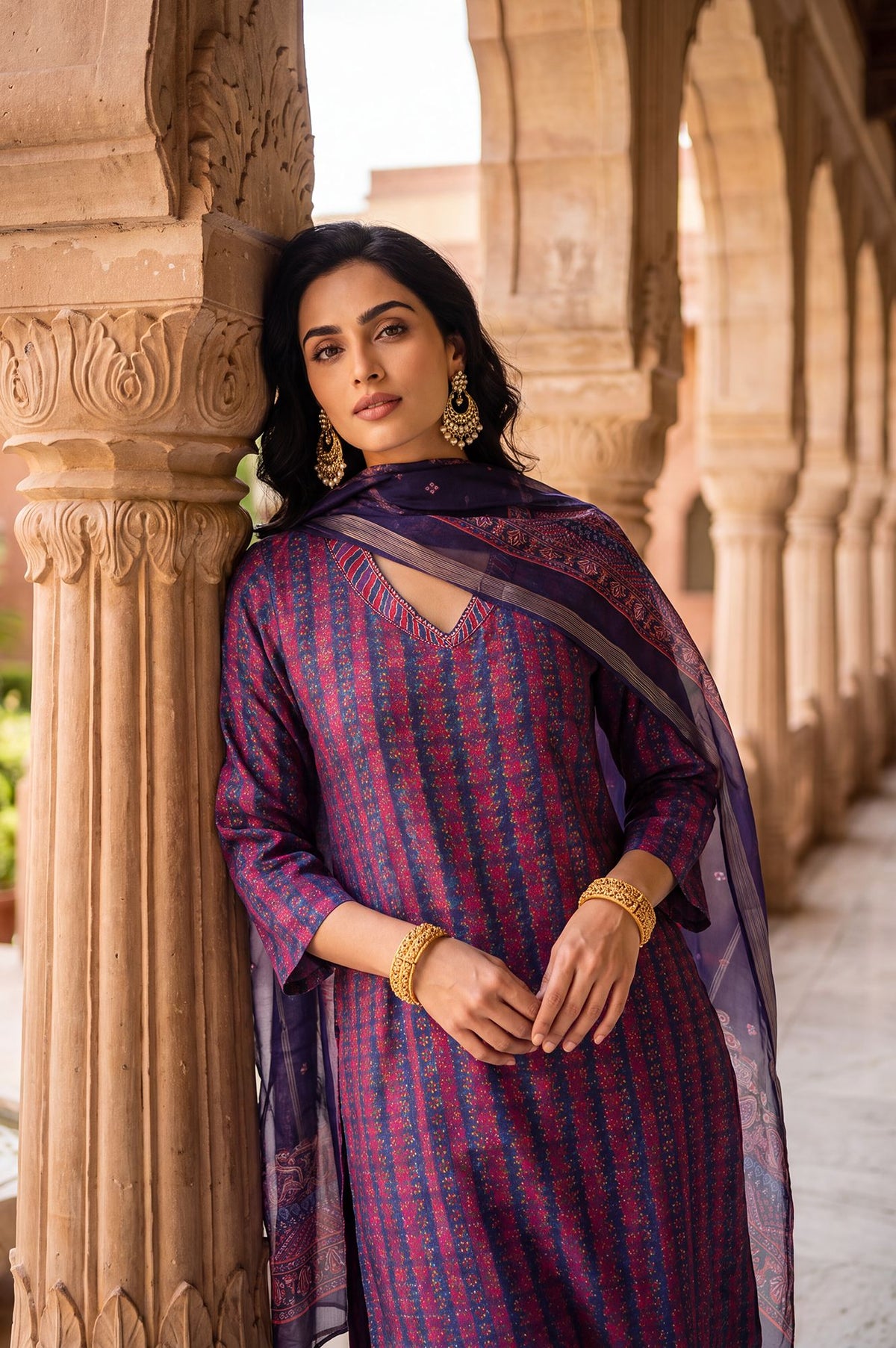 Navy Blue Striped Crepe Straight Kurta with Straight Pants and Dupatta Set