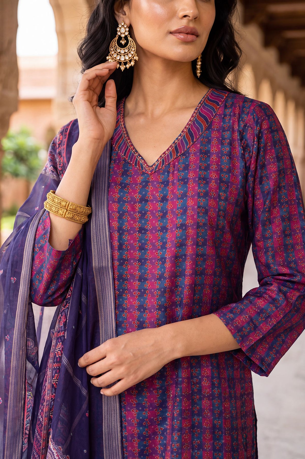 Navy Blue Striped Crepe Straight Kurta with Straight Pants and Dupatta Set